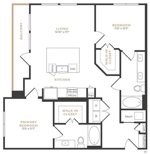 Floor plan for 2 beds, 2 baths, 1070 sqft
